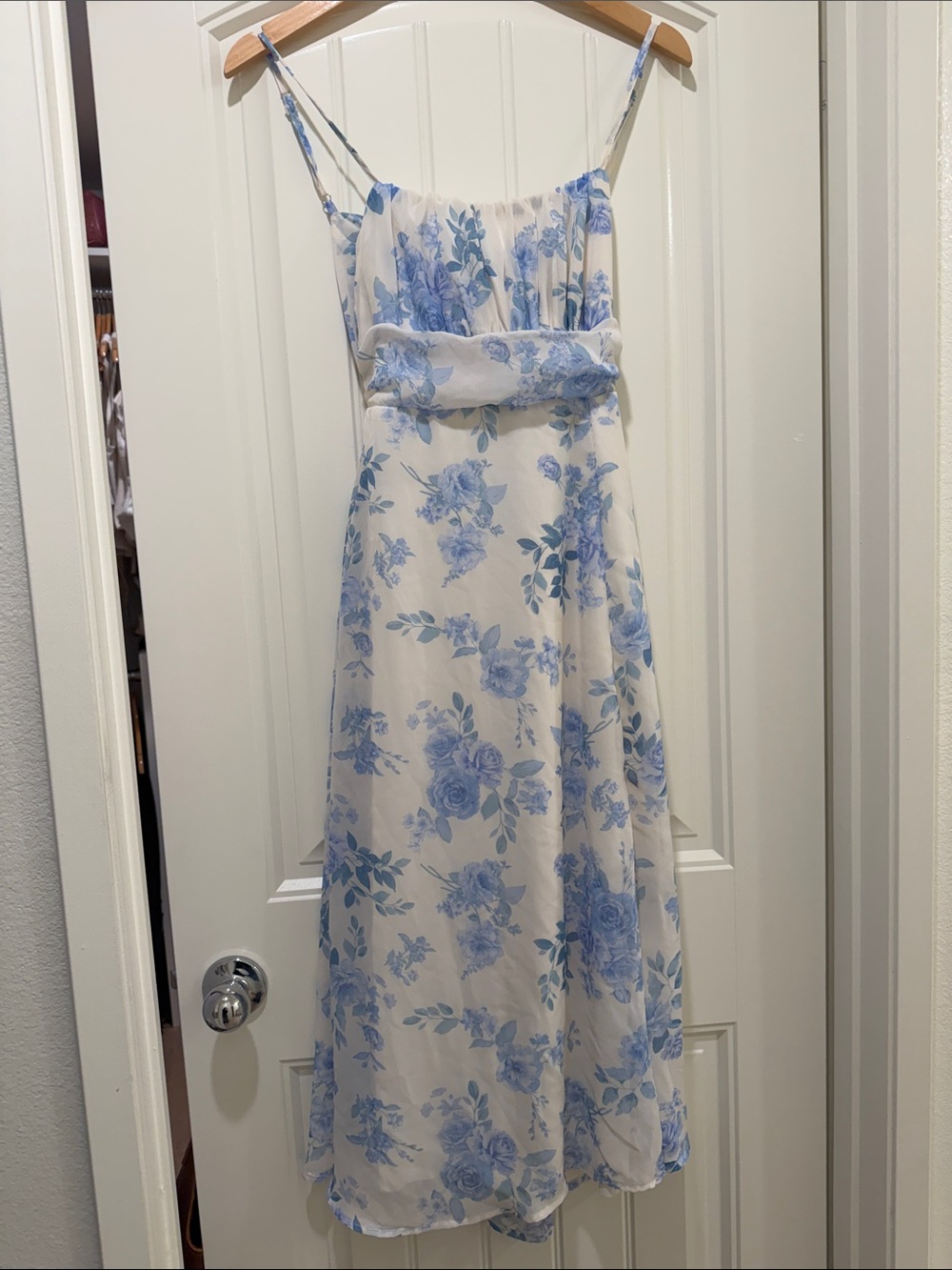 White Maxi Dress with Blue Floral Print